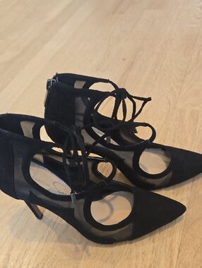Jessica Simpson Black Mesh Pointed Lace-Up Heels